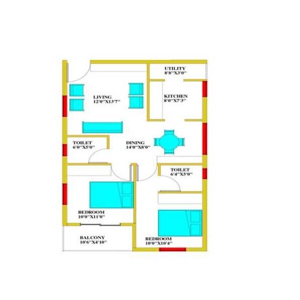 Floor plan of 2 BHK 990 Sq. Ft. Apartment in Landstar Pinnacle, Bangalore