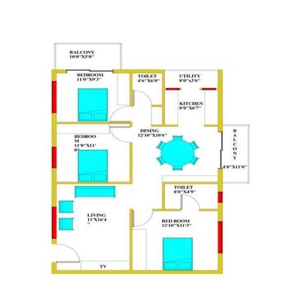 Floor plan of 3 BHK 1274 Sq. Ft. Apartment in Landstar Pinnacle, Bangalore