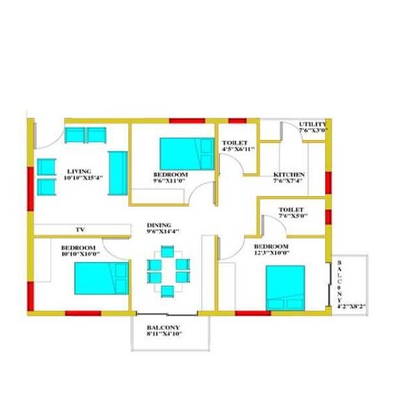 Floor plan of 3 BHK 1381 Sq. Ft. Apartment in Landstar Pinnacle, Bangalore