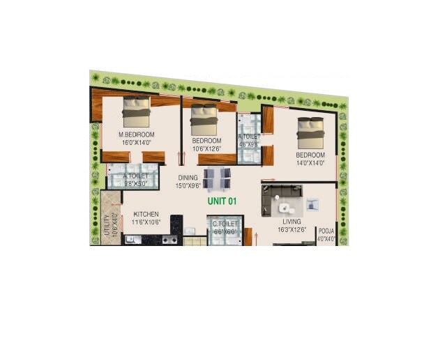 Floor plan of 3 BHK 1550 Sq. Ft. Apartment in Lavish Spaces Svasti Residence, Bangalore