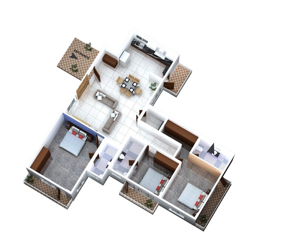 Floor plan of 3 BHK 2018 Sq. Ft. Apartment in Shreeshaila The Lebensraum, Bangalore