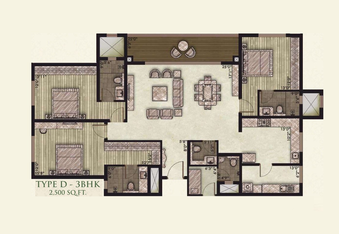 Floor plan of 3 BHK 2500 Sq. Ft. Apartment in Legacy Alcazar, Bangalore