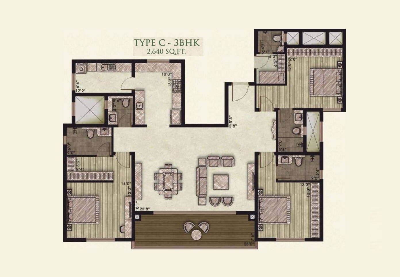 Floor plan of 3 BHK 2640 Sq. Ft. Apartment in Legacy Alcazar, Bangalore