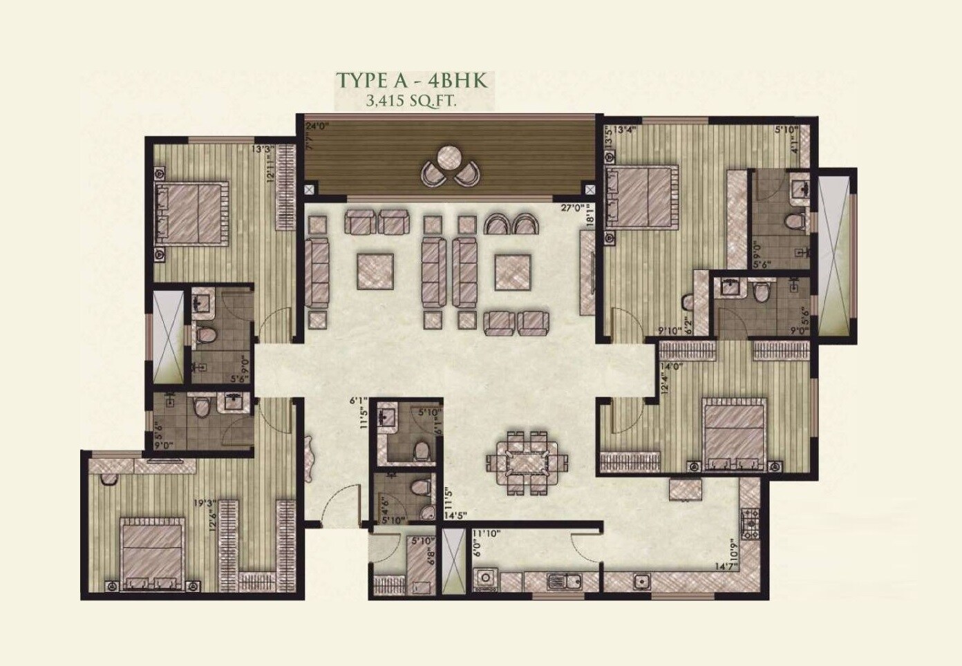 Floor plan of 4 BHK 3415 Sq. Ft. Apartment in Legacy Alcazar, Bangalore