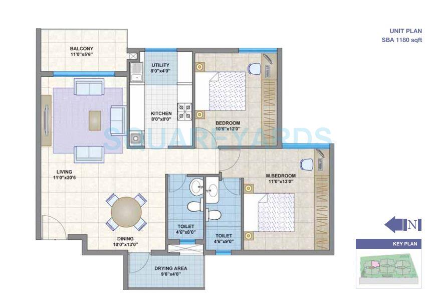 Floor plan of 2 BHK 1180 Sq. Ft. Apartment in Legacy Ariston, Bangalore