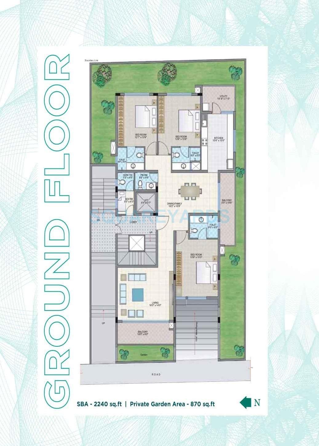 Floor plan of 3 BHK 2240 Sq. Ft. Apartment in Legacy Aura, Bangalore