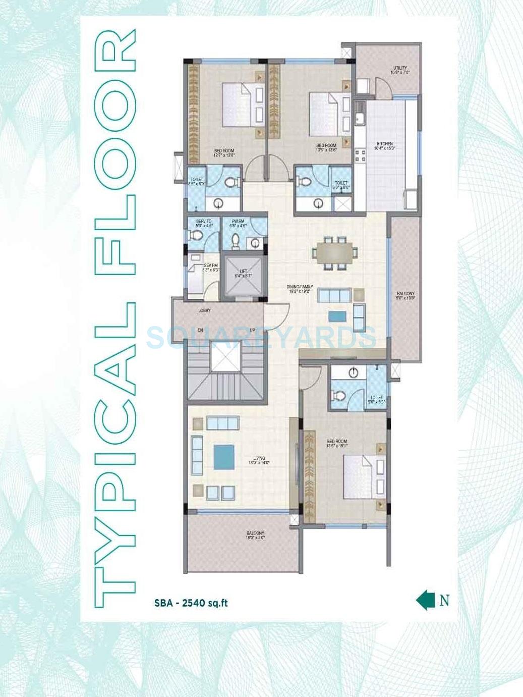 Floor plan of 3 BHK 2540 Sq. Ft. Apartment in Legacy Aura, Bangalore