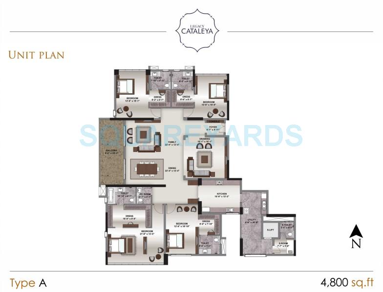 Floor plan of 3 BHK 4800 Sq. Ft. Apartment in Legacy Cataleya, Bangalore