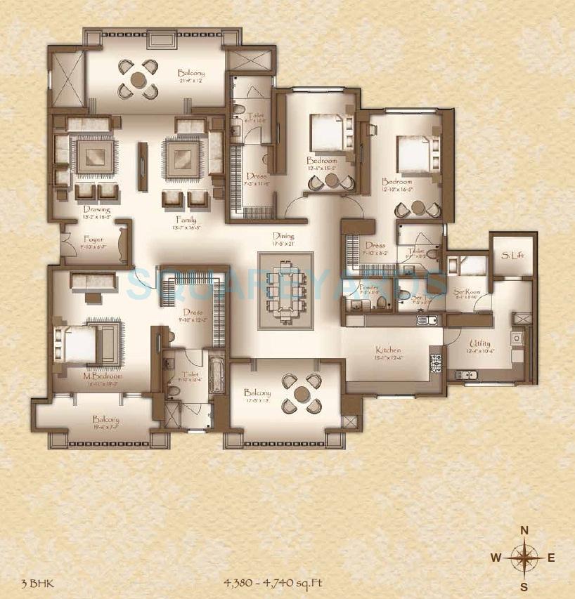 Floor plan of 3 BHK 4380 Sq. Ft. Apartment in Legacy Cirocco, Bangalore