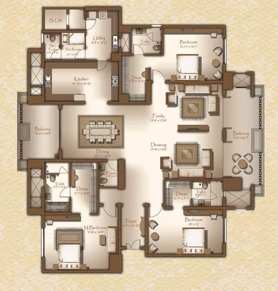 Floor plan of 3 BHK 4220 Sq. Ft. Apartment in Legacy Cirocco, Bangalore