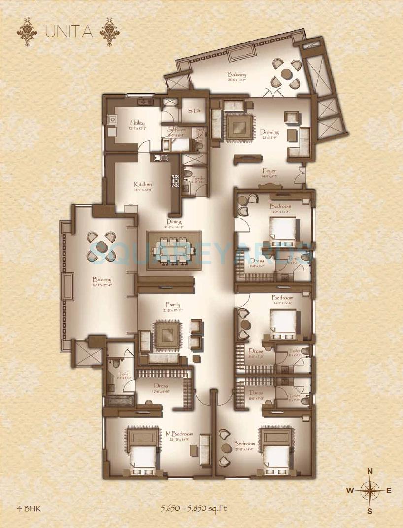 Floor plan of 4 BHK 5850 Sq. Ft. Apartment in Legacy Cirocco, Bangalore