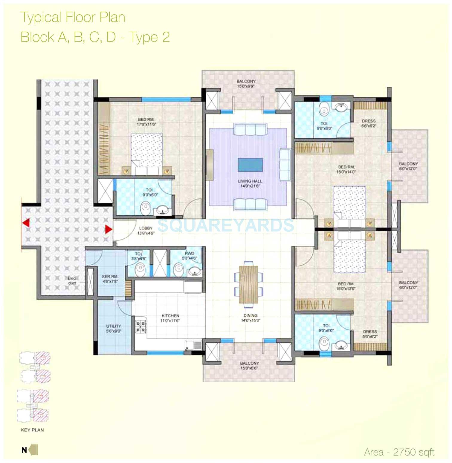 Floor plan of 3 BHK 2750 Sq. Ft. Apartment in Legacy Dimora, Bangalore