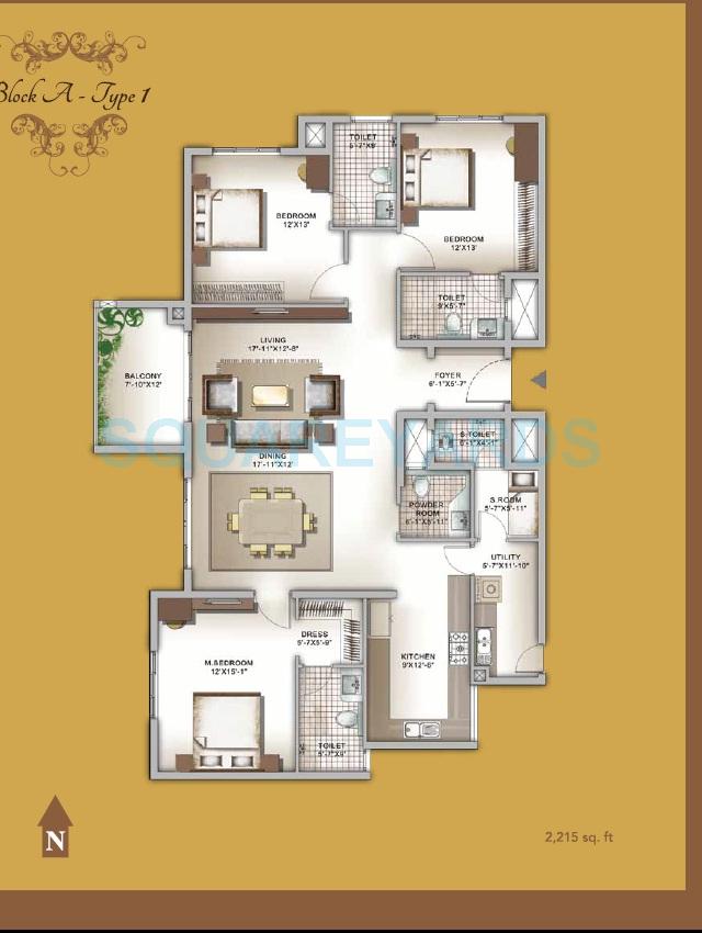 Floor plan of 3 BHK 2215 Sq. Ft. Apartment in Legacy Eldora, Bangalore