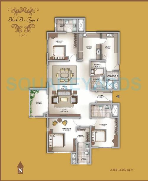 Floor plan of 3 BHK 2350 Sq. Ft. Apartment in Legacy Eldora, Bangalore