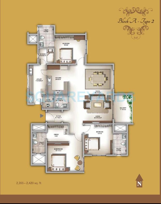 Floor plan of 3 BHK 2355 Sq. Ft. Apartment in Legacy Eldora, Bangalore