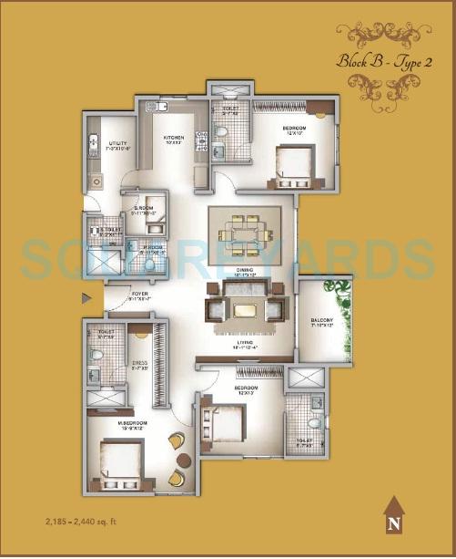 Floor plan of 3 BHK 2440 Sq. Ft. Apartment in Legacy Eldora, Bangalore