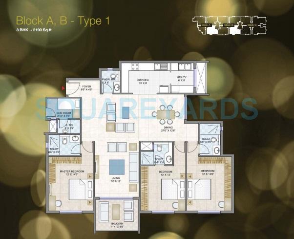 Floor plan of 3 BHK 2190 Sq. Ft. Apartment in Legacy Estilo, Bangalore