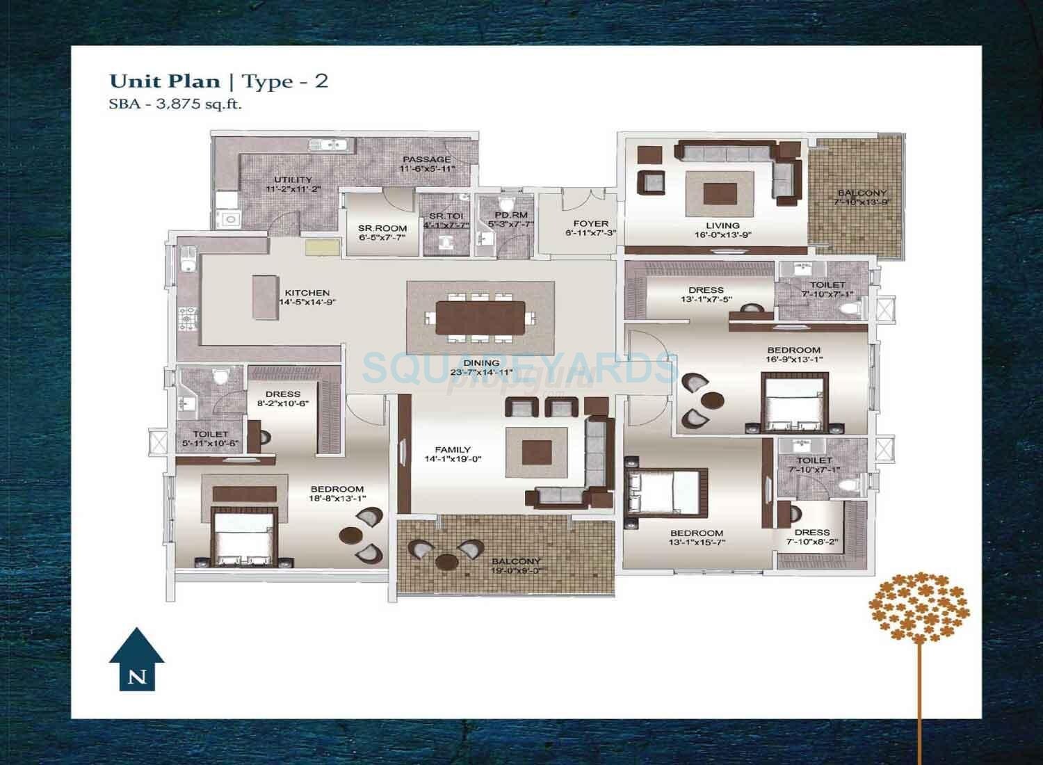 Floor plan of 3 BHK 3875 Sq. Ft. Apartment in Legacy Madelia, Bangalore