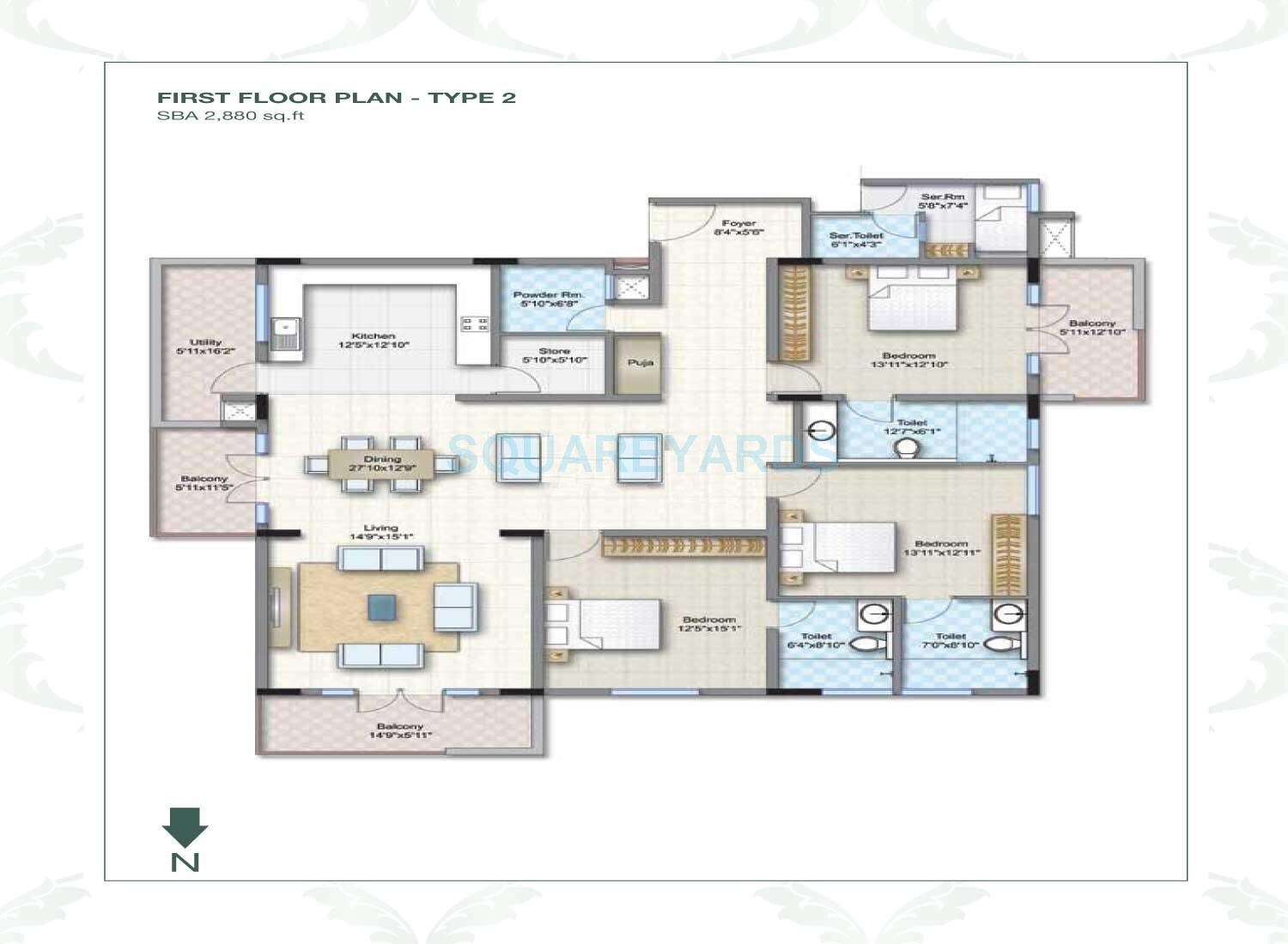 Floor plan of 3 BHK 2880 Sq. Ft. Apartment in Legacy Mycon Duv, Bangalore