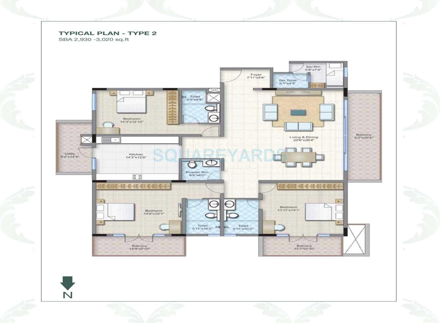 Floor plan of 3 BHK 3020 Sq. Ft. Apartment in Legacy Mycon Duv, Bangalore
