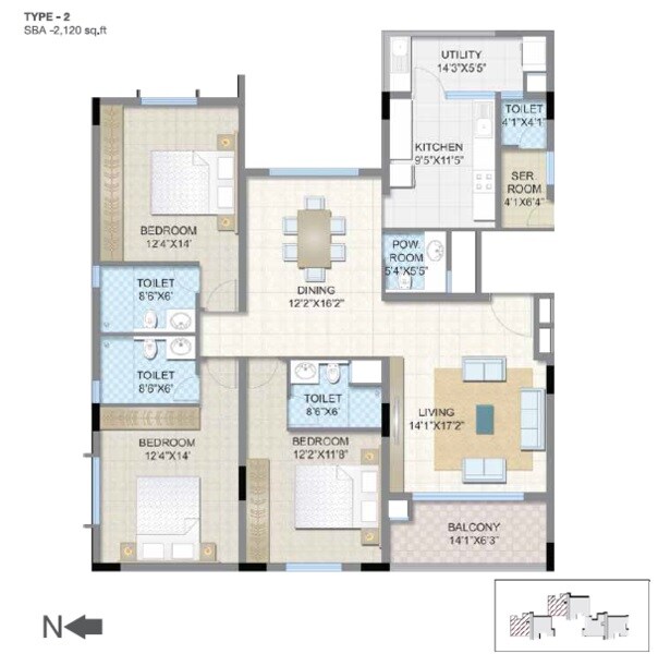 Floor plan of 3 BHK 2120 Sq. Ft. Apartment in Legacy Soreno, Bangalore
