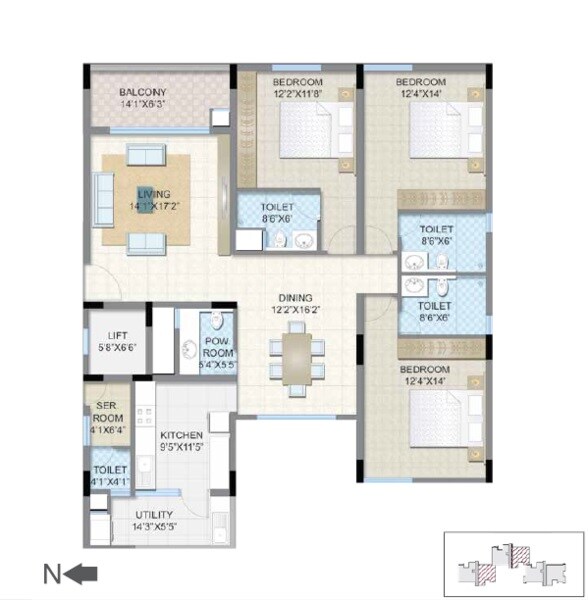 Floor plan of 3 BHK 2250 Sq. Ft. Apartment in Legacy Soreno, Bangalore