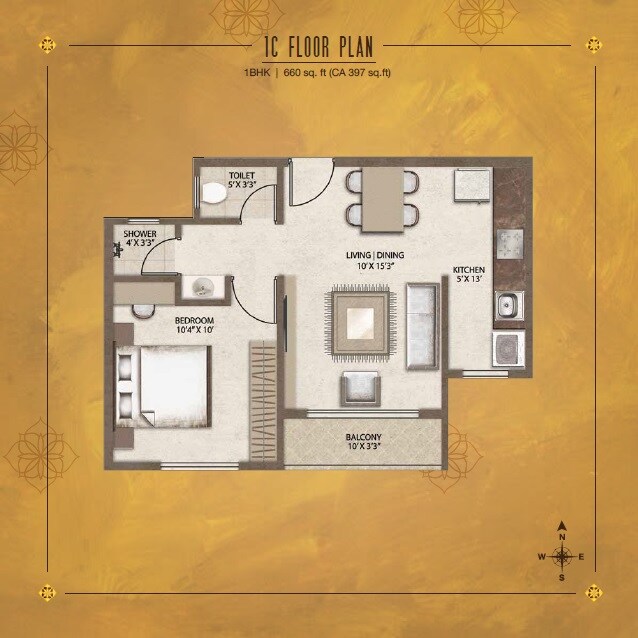 Floor plan of 1 BHK 660 Sq. Ft. Apartment in Legacy Vivienda, Bangalore
