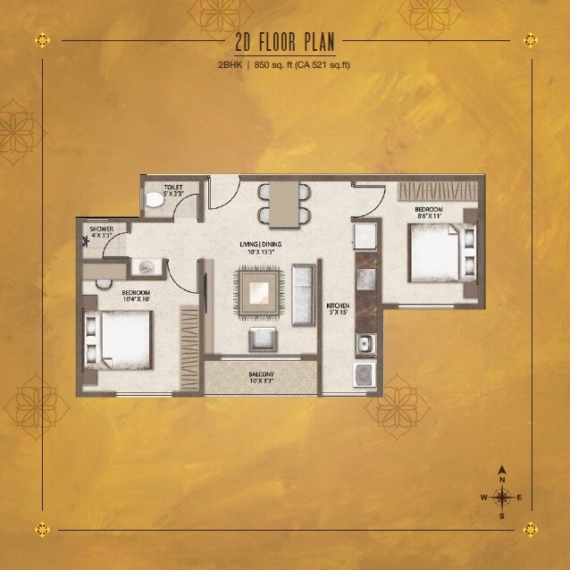 Floor plan of 2 BHK 850 Sq. Ft. Apartment in Legacy Vivienda, Bangalore