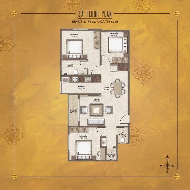 Floor plan of 3 BHK 1175 Sq. Ft. Apartment in Legacy Vivienda, Bangalore