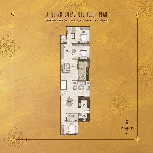 Floor plan of 3 BHK 1640 Sq. Ft. Apartment in Legacy Vivienda, Bangalore