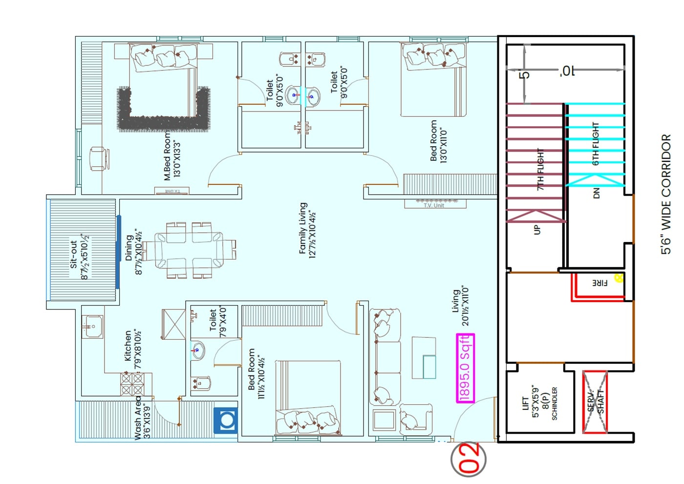 Floor plan of 3 BHK 1895 Sq. Ft. Apartment in Legend Lemon Tree, Bangalore