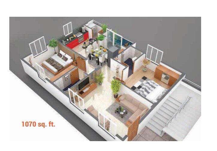 Floor plan of 2 BHK 1070 Sq. Ft. Apartment in Legend Opal, Bangalore