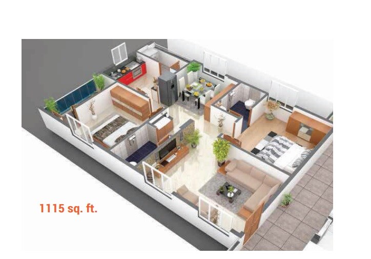 Floor plan of 2 BHK 1115 Sq. Ft. Apartment in Legend Opal, Bangalore