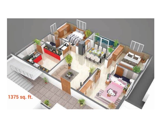 Floor plan of 3 BHK 1375 Sq. Ft. Apartment in Legend Opal, Bangalore