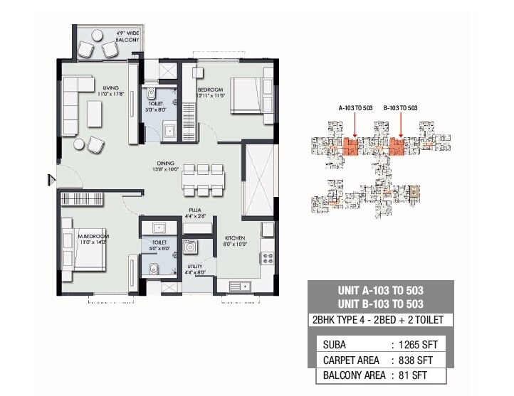 Floor plan of 2 BHK 1265 Sq. Ft. Apartment in Legend Valencia, Bangalore