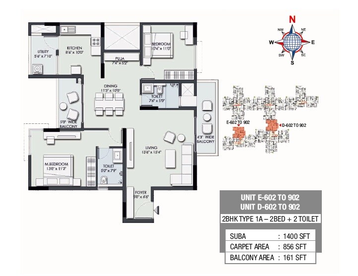 Floor plan of 2 BHK 1400 Sq. Ft. Apartment in Legend Valencia, Bangalore