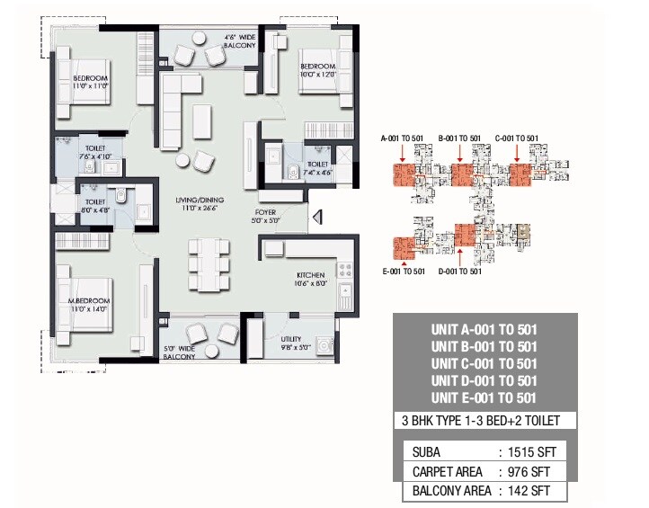 Floor plan of 3 BHK 1515 Sq. Ft. Apartment in Legend Valencia, Bangalore
