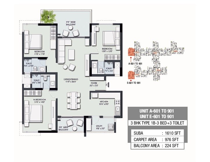 Floor plan of 3 BHK 1610 Sq. Ft. Apartment in Legend Valencia, Bangalore