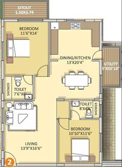 Floor plan of 2 BHK 1300 Sq. Ft. Apartment in Lendee Sentosa, Bangalore
