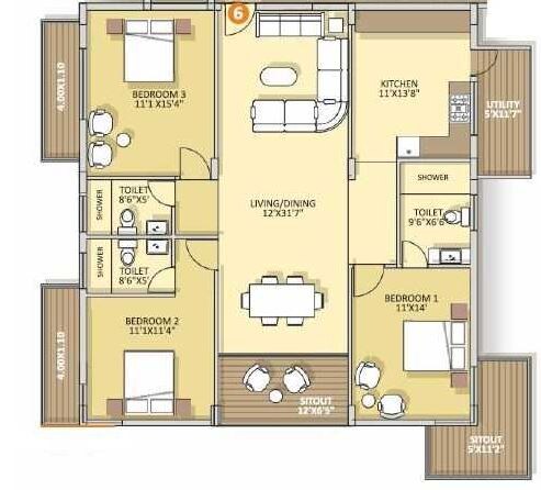 Floor plan of 3 BHK 2030 Sq. Ft. Apartment in Lendee Sentosa, Bangalore