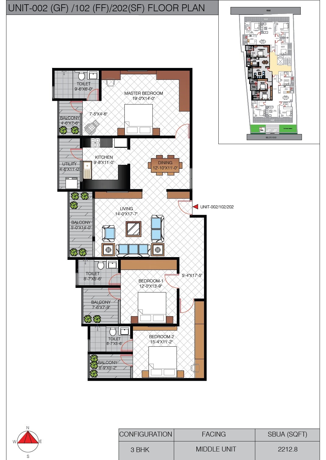 Floor plan of 2 BHK 2212 Sq. Ft. Apartment in Lewis Ferris, Bangalore