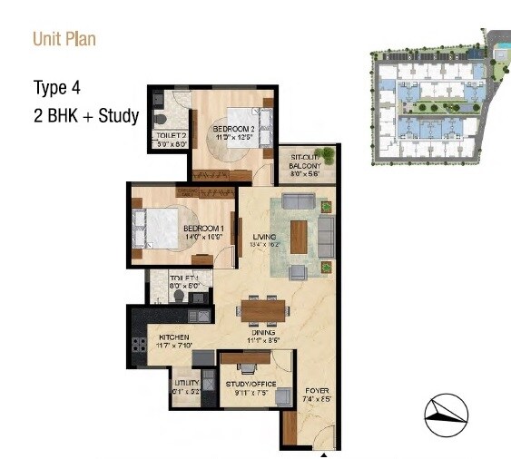 Floor plan of 2 BHK 1388 Sq. Ft. Apartment in Lewis Glorious A2, Bangalore