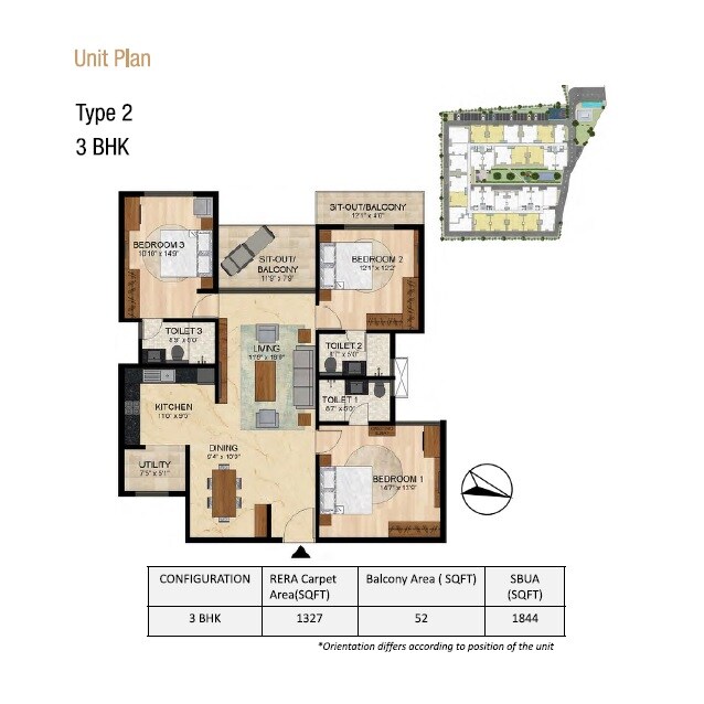 Floor plan of 3 BHK 1844 Sq. Ft. Apartment in Lewis Glorious A2, Bangalore