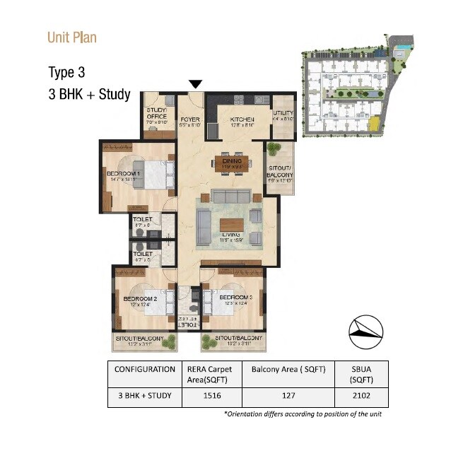 Floor plan of 3 BHK 2102 Sq. Ft. Apartment in Lewis Glorious A2, Bangalore