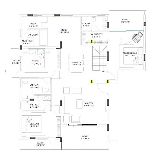 Floor plan of 3 BHK 1425 Sq. Ft. Apartment in Lewis No 12 Lloyds Road, Bangalore