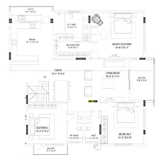 Floor plan of 3 BHK 1876 Sq. Ft. Apartment in Lewis No 12 Lloyds Road, Bangalore