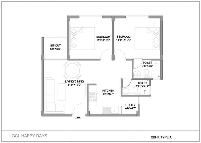 Floor plan of 2 BHK 901 Sq. Ft. Apartment in LGCL Happy Days, Bangalore