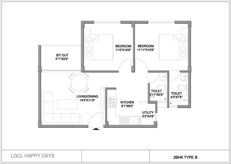 Floor plan of 2 BHK 905 Sq. Ft. Apartment in LGCL Happy Days, Bangalore