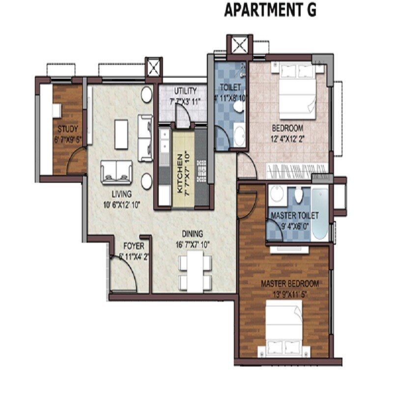 Floor plan of 2 BHK 1462 Sq. Ft. Apartment in LGCL Luxuriate, Bangalore
