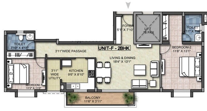 Floor plan of 2 BHK 1196 Sq. Ft. Apartment in LGCL United Tower, Bangalore